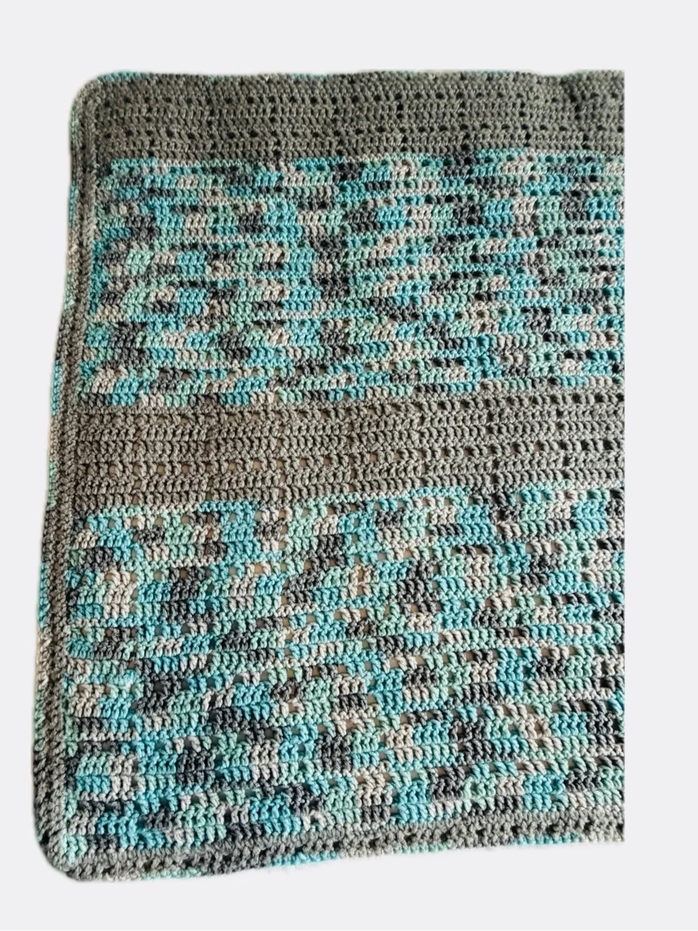 Crochet  lap/baby blanket handmade, variegated teal and grey. Cozy Home Accent